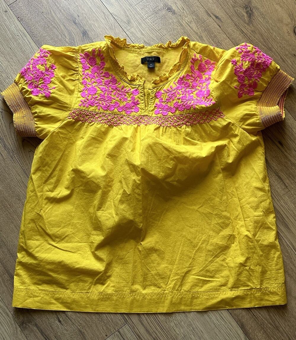 J.Crew Pink Embroidered Cotton Poplin Puff-Sleeve Top Size M in Golden Sun